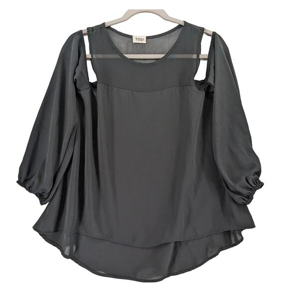 Tobi Cold‎ Shoulder Blouse Medium Black Sheer Mesh Draped Hi Low Office Workwear - Picture 1 of 8